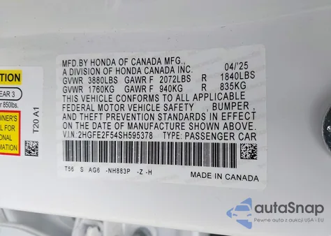 2025 Honda Civic Sport from USA, damaged, VIN 2HGFE2F54SH595378